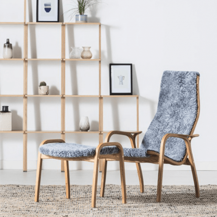 LAMINO Fåtölj + pall, bok/scandinavian grey/sahara